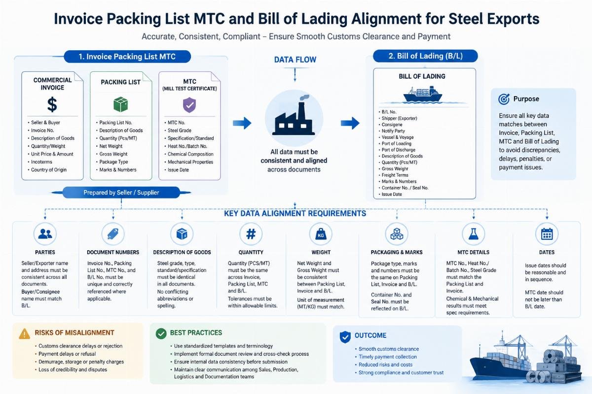 Infographic illustrating the data flow and alignment requirements between Invoice Packing List MTC and Bill of Lading for steel exports