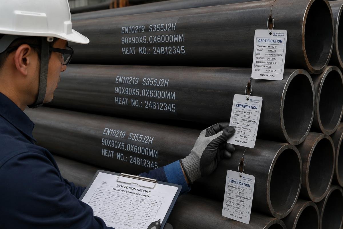 Inspection of EN10219 compliant structural steel pipes with visible heat numbers and certification tags
