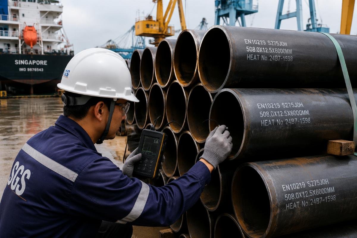 Inspection of EN10219 structural steel pipes with visible heat number stamping at a Southeast Asian port