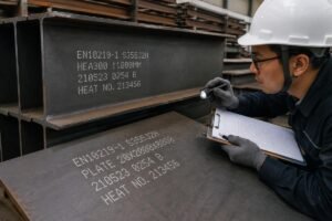 Inspection of EN10219 structural steel plates and beams with visible mill stamps and heat numbers