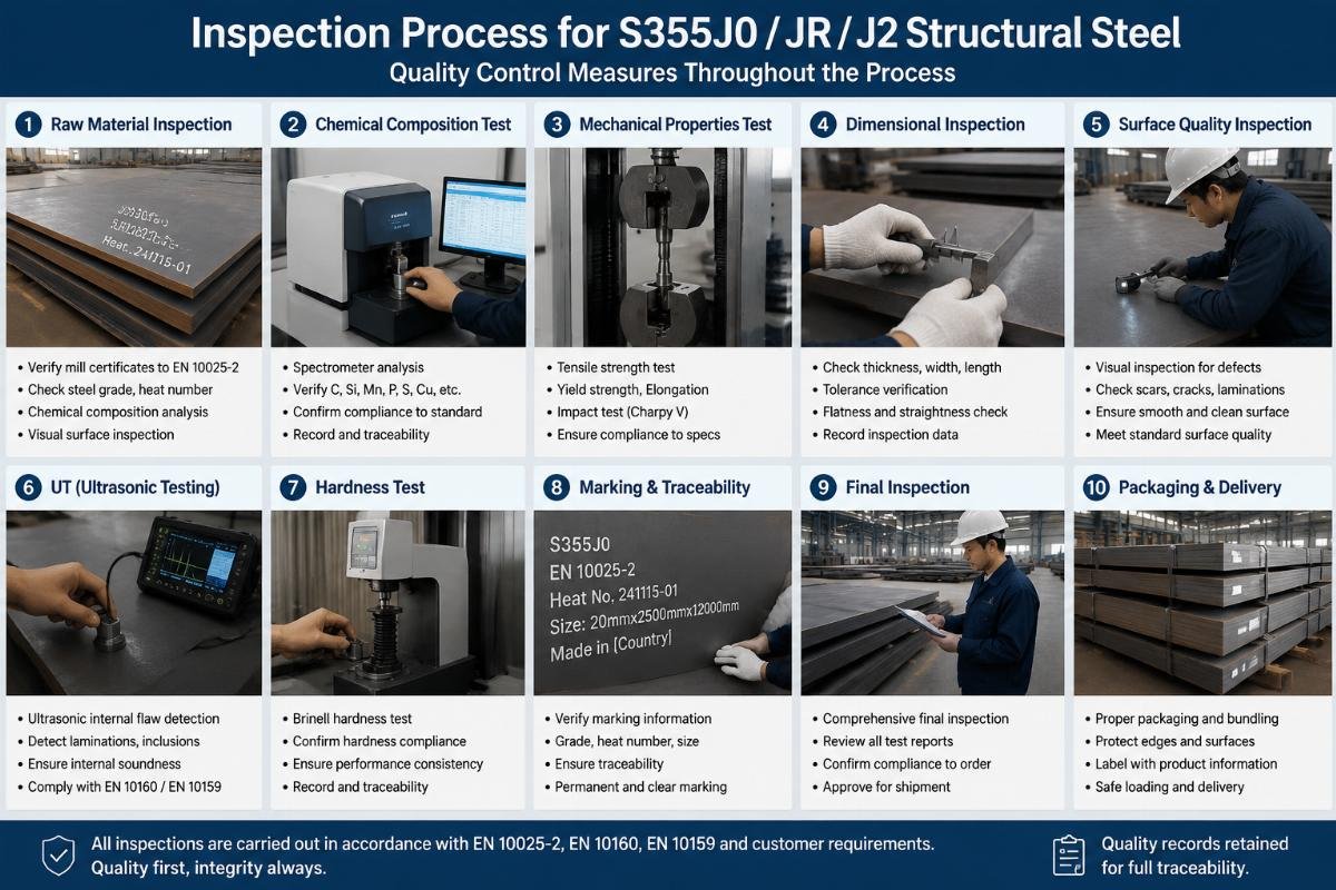 Inspection process for S355J0 JR J2 structural steel showing quality control measures