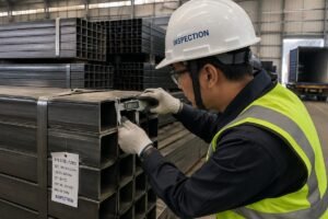 Inspection worker using digital calipers to measure wall thickness of RHS steel tubes in a warehouse before loading