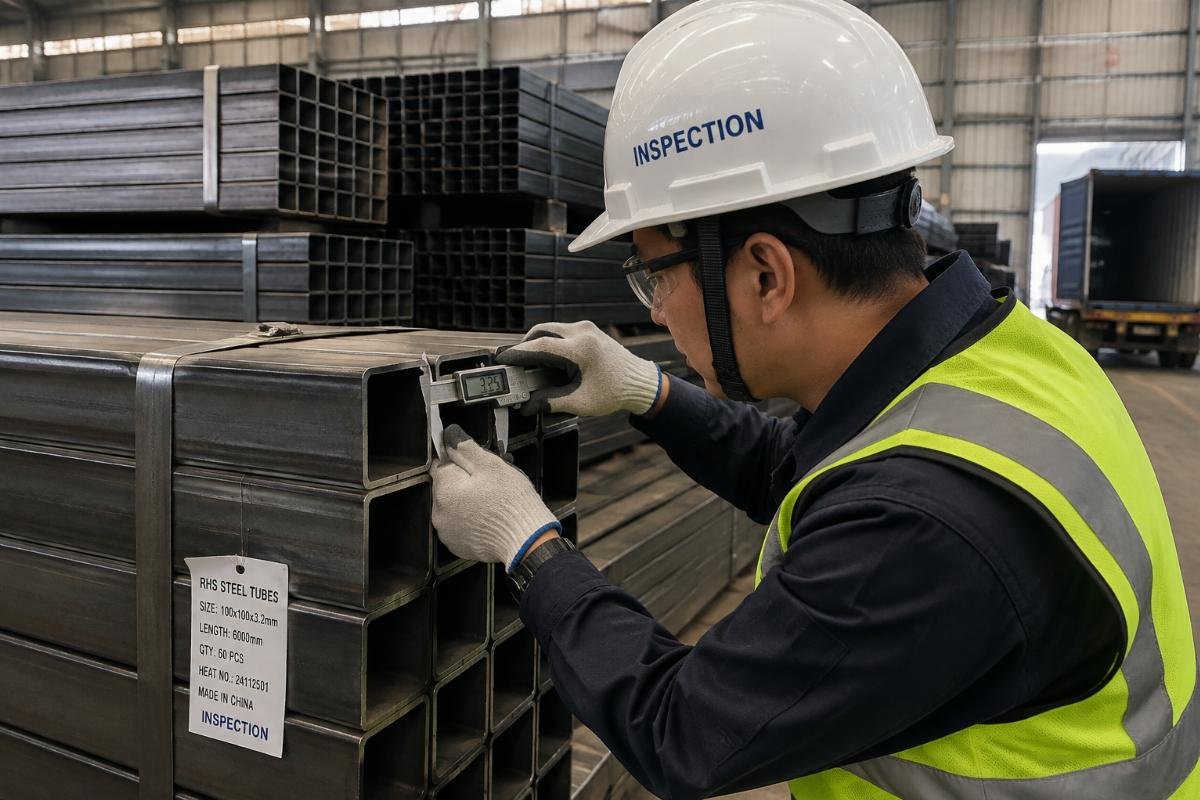 Inspection worker using digital calipers to measure wall thickness of RHS steel tubes in a warehouse before loading