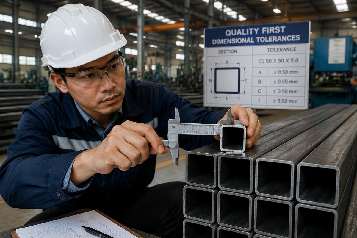 Inspector checking dimensional tolerances of square hollow sections on a factory floor with calipers