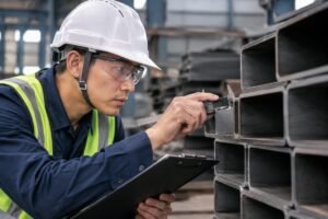 Inspector checking dimensional tolerances on structural hollow sections