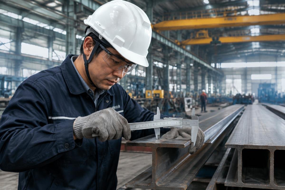 Inspector checking dimensions of steel beams with calipers in a factory setting