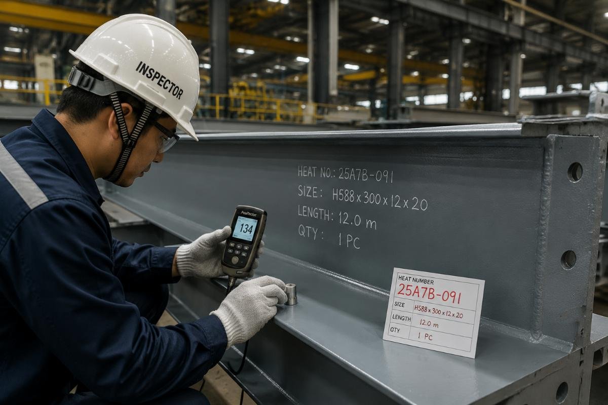 Inspector checking surface treatment quality and verifying heat numbers on steel beams