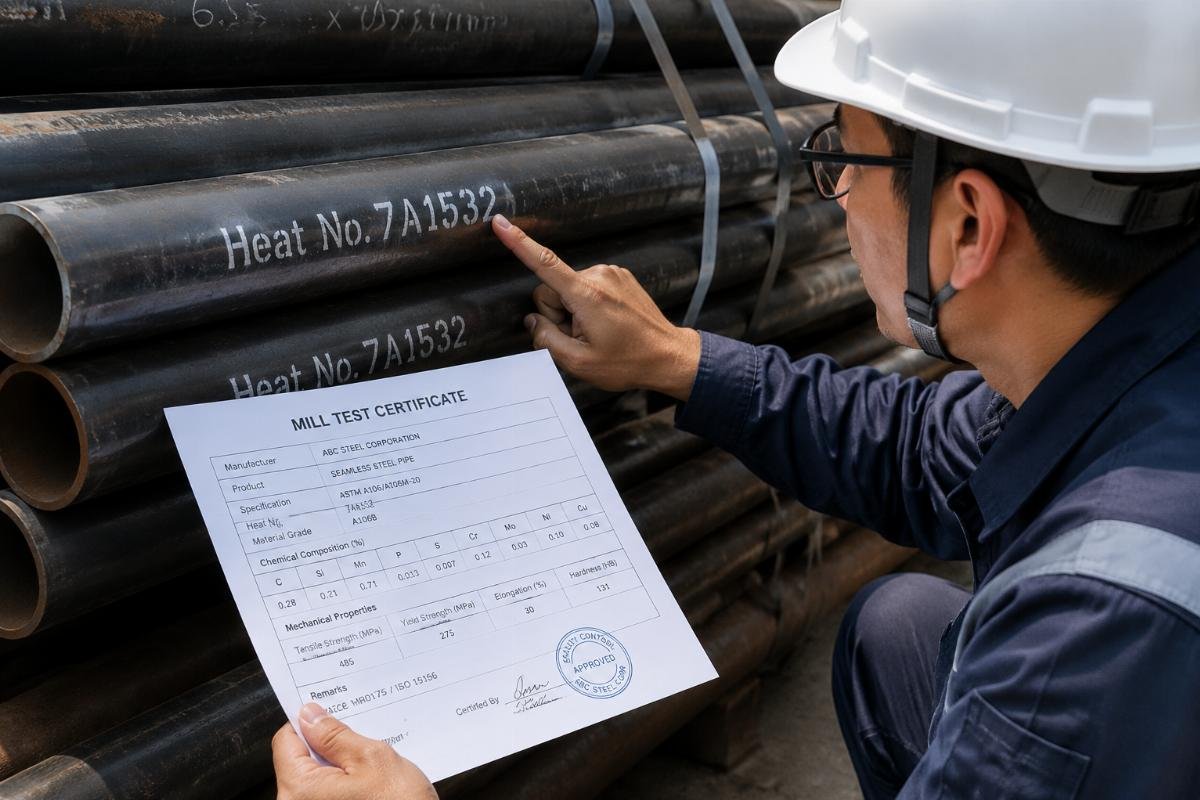 Inspector comparing heat number stamps on steel pipes against a printed Mill Test Certificate