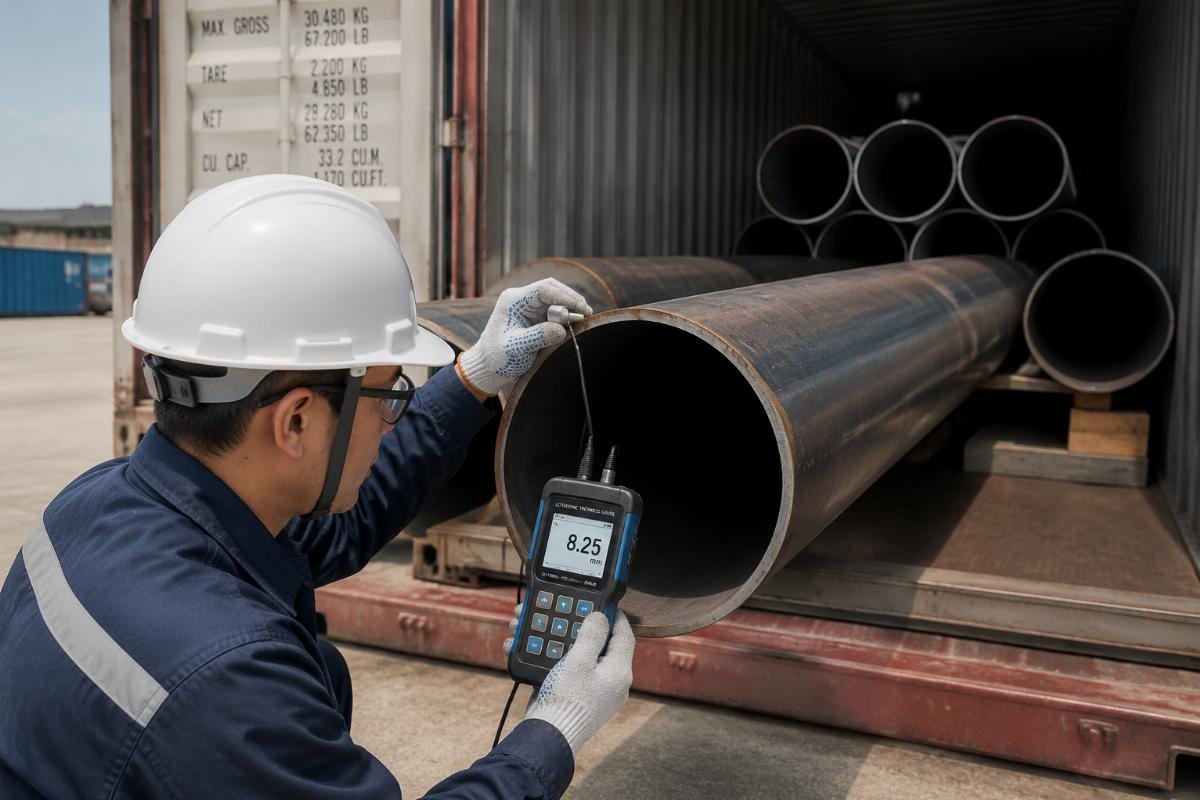 Inspector measuring wall thickness of a steel pipe with ultrasonic gauge before container loading