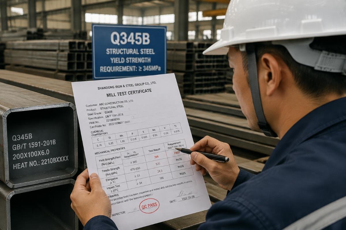Inspector reviewing Mill Test Certificate for Q345B structural steel yield strength compliance