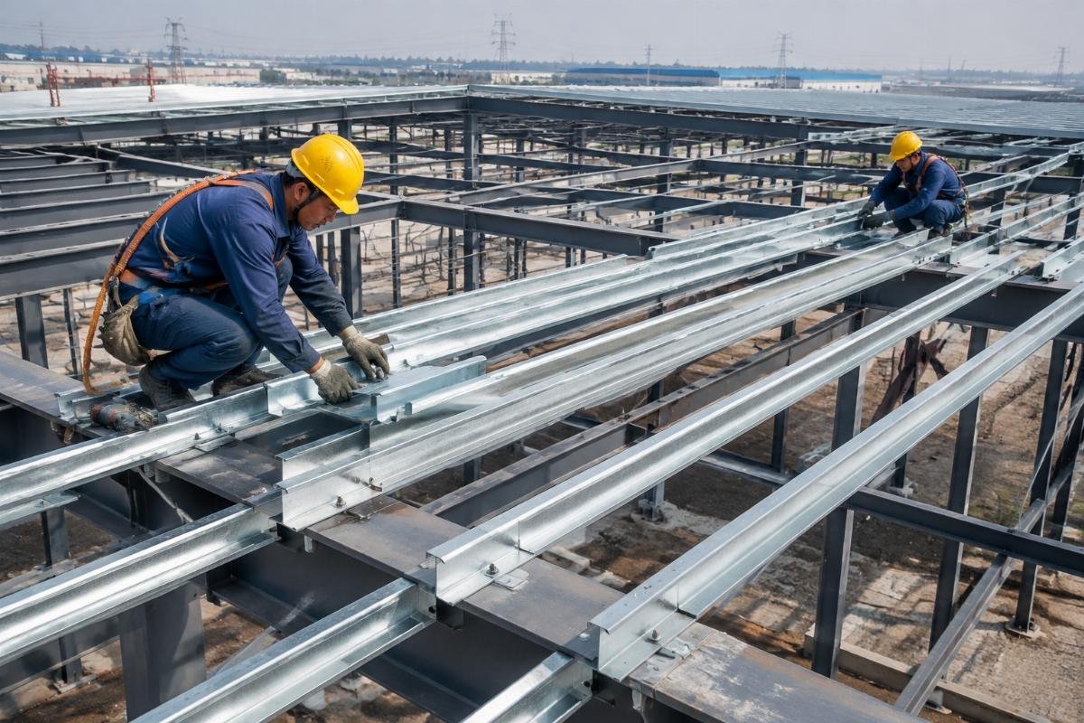 Installation of Q235B structural steel purlins on a warehouse roof framework