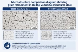 Microstructure comparison diagram showing grain refinement in Q345B vs Q235B structural steel