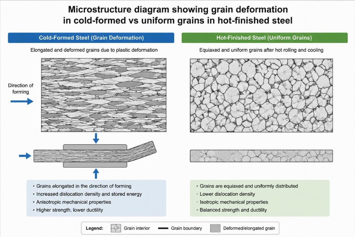 Microstructure diagram showing grain deformation in cold-formed vs uniform grains in hot-finished steel