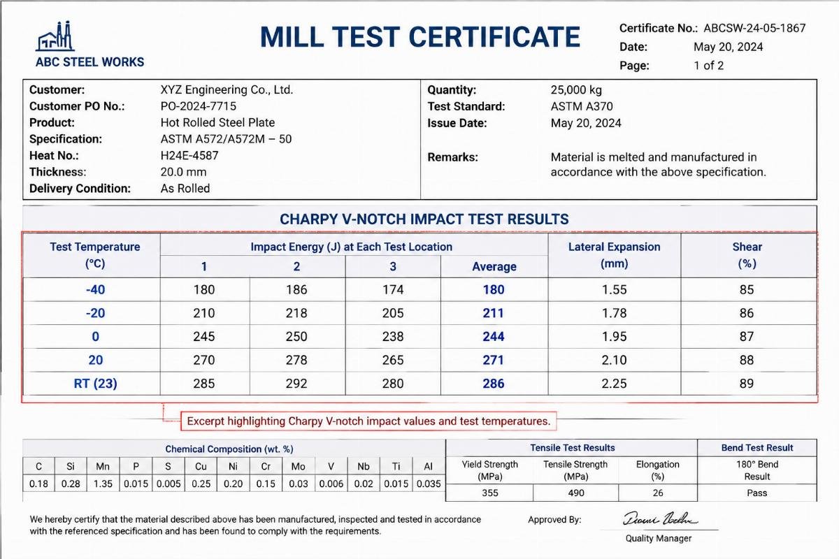 Mill test certificate excerpt highlighting Charpy V-notch impact values and test temperatures