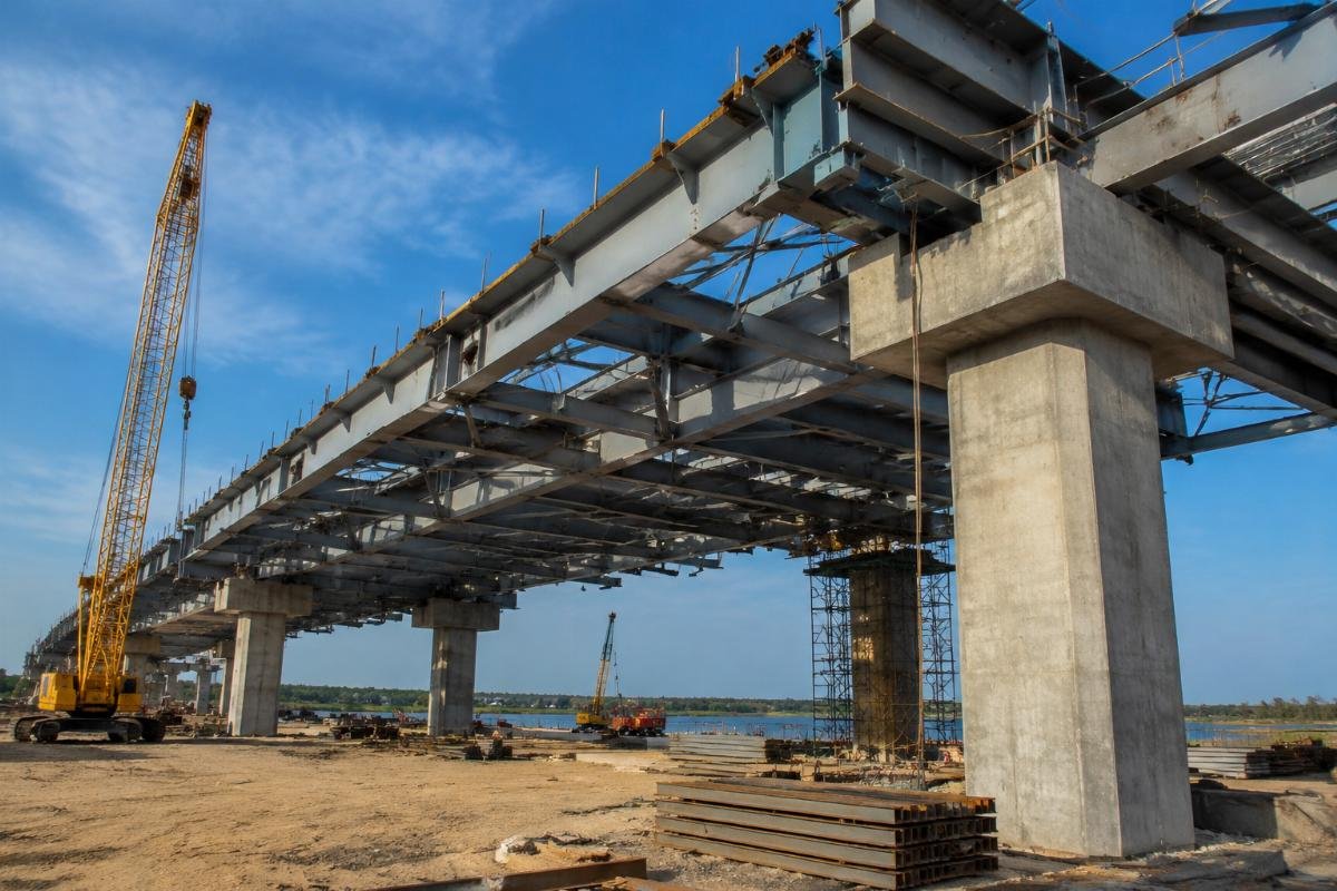 Photo of a steel bridge structure under construction in a warm climate