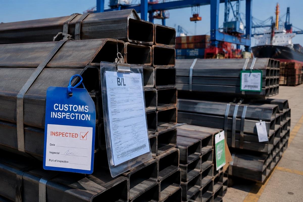 Photo of stacked steel hollow sections at a port terminal with visible customs inspection tags and documentation clips