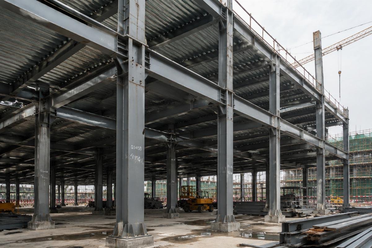 Q345B structural steel columns and beams in a multi-story car park construction site