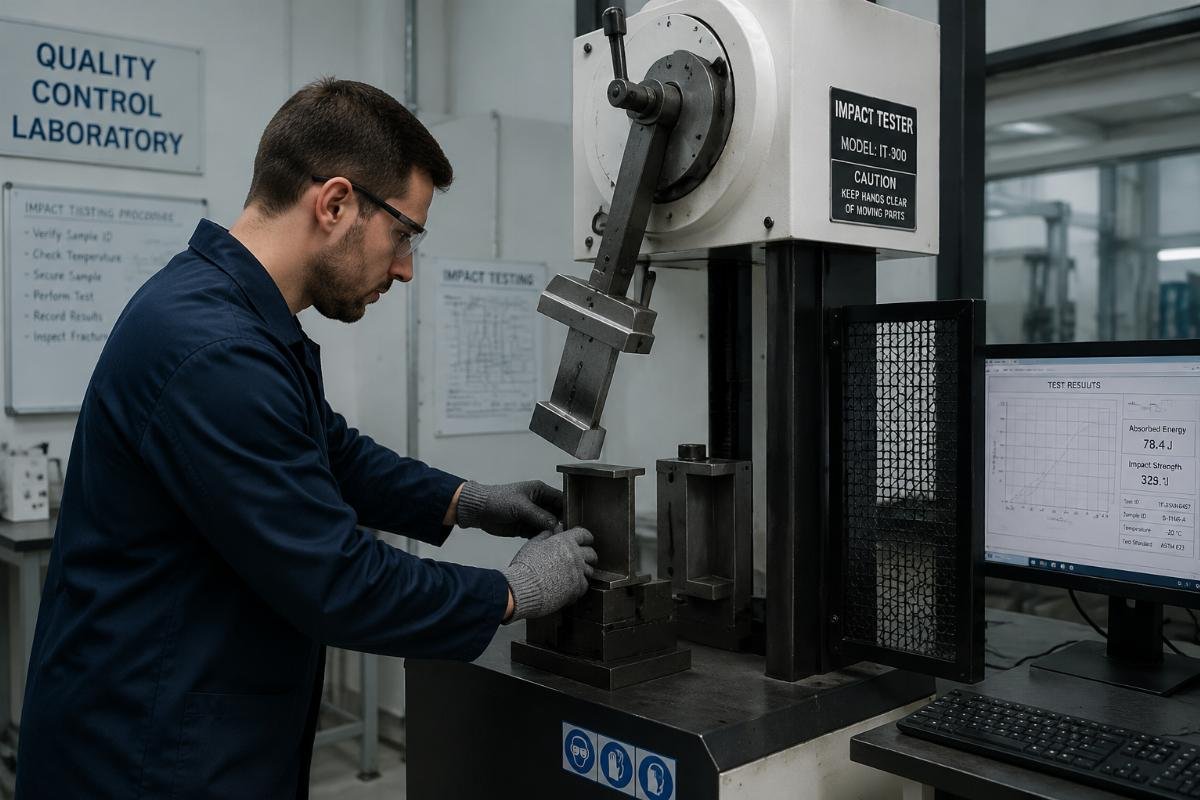 Quality control laboratory technician performing impact testing on structural steel samples