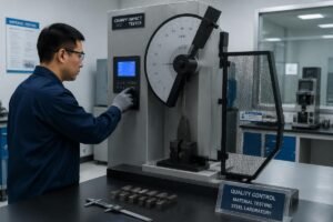 Quality control technician operating a Charpy impact testing machine in a modern steel laboratory