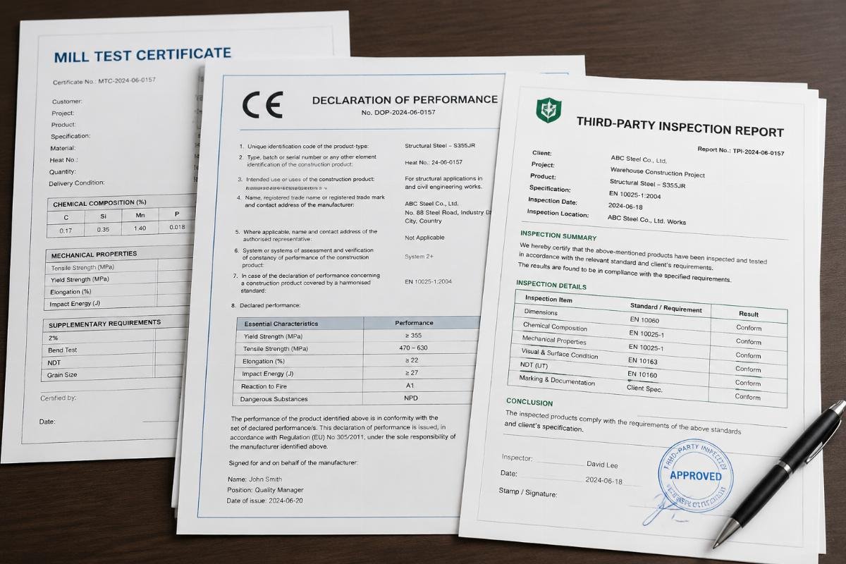 Stack of official documentation including Mill Test Certificate, CE Declaration of Performance, and Third-Party Inspection Report