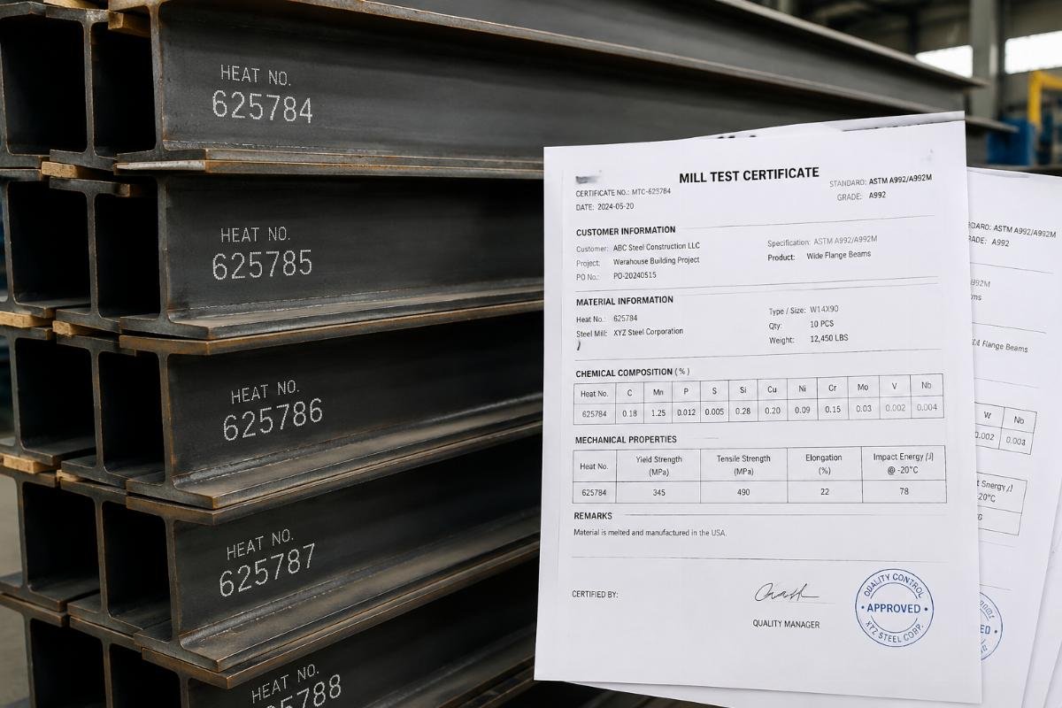 Stack of structural steel beams with visible heat number stamps and accompanying mill test certificates