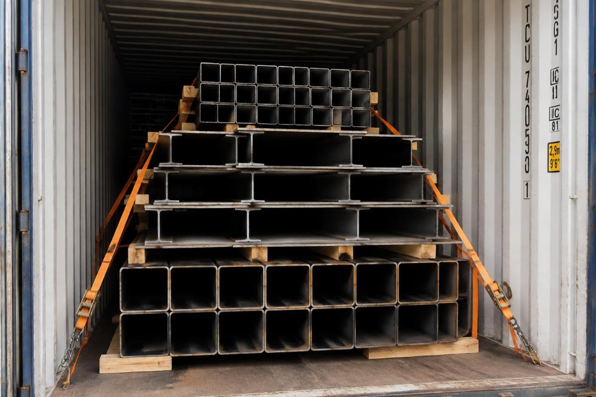 Stacked steel beams and hollow sections in a shipping container showing careful weight distribution and securing straps