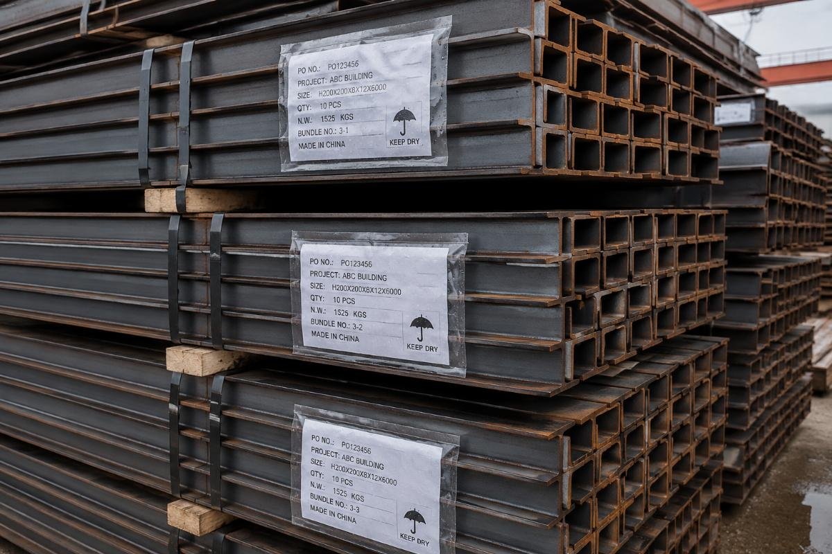 Stacked structural steel bundles with clear waterproof labels and secure strapping