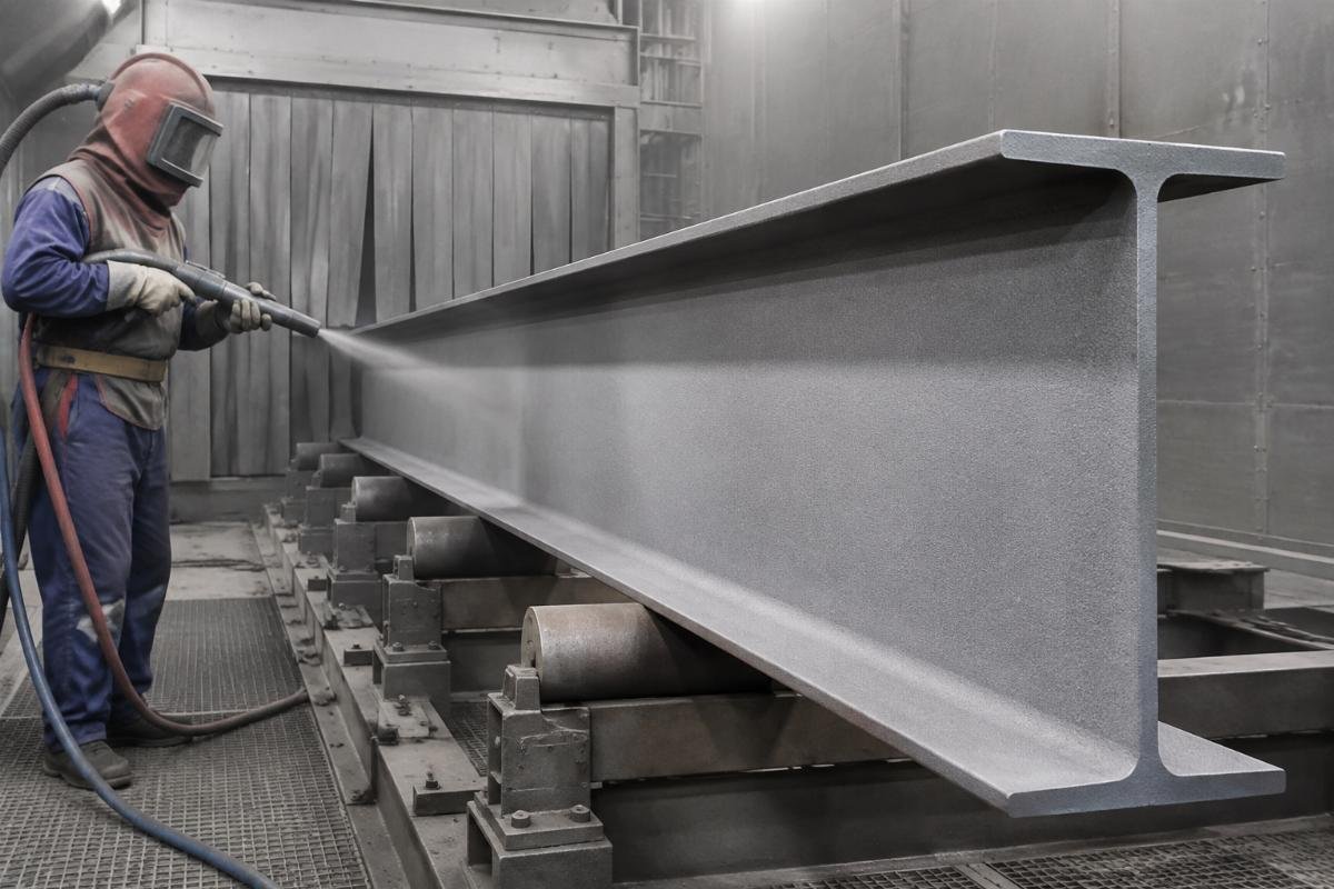 Structural steel beams undergoing shot blasting treatment to achieve Sa2.5 surface cleanliness