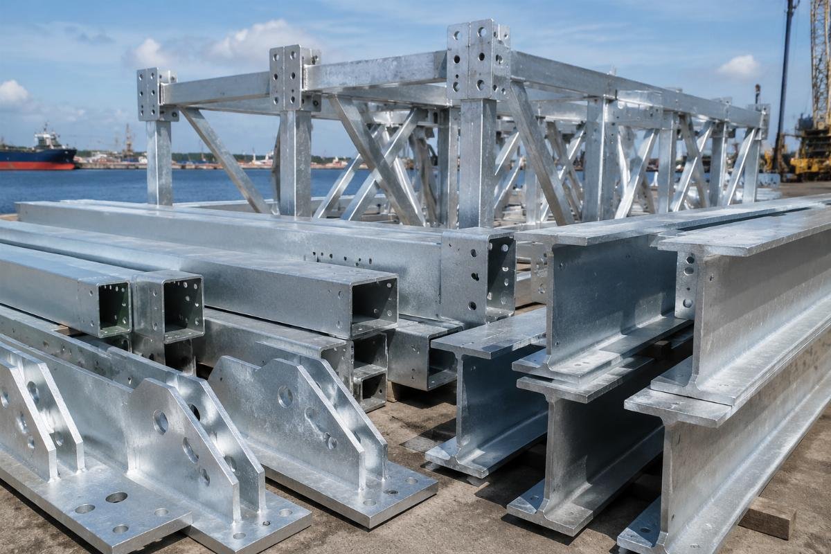 Structural steel components with hot-dip galvanized finish for marine environments