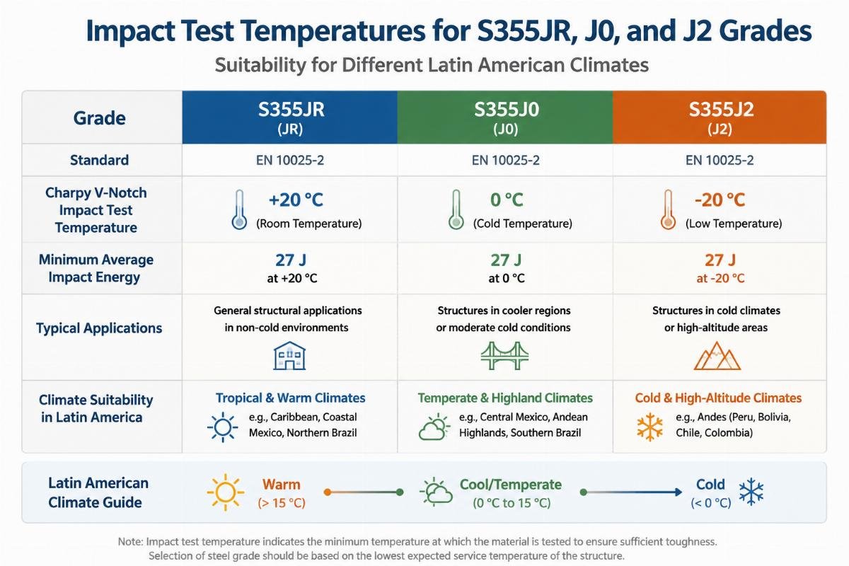 Table comparing impact test temperatures for S355JR, J0, and J2 grades, illustrating the suitability for different Latin American climates