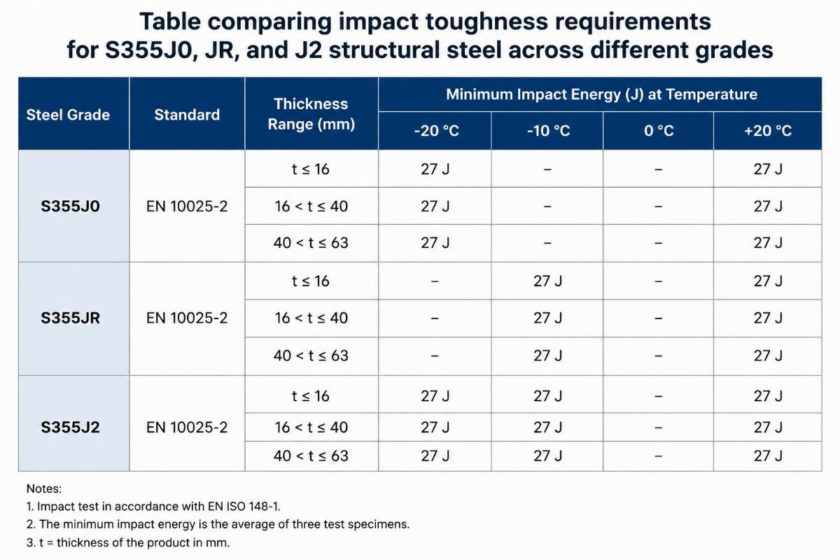 Table comparing impact toughness requirements for S355J0 JR J2 structural steel across different grades