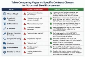 Table comparing vague vs specific contract clauses for structural steel procurement