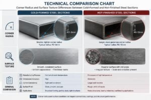 Technical comparison chart highlighting the corner radius and surface texture differences between cold-formed and hot-finished steel sections