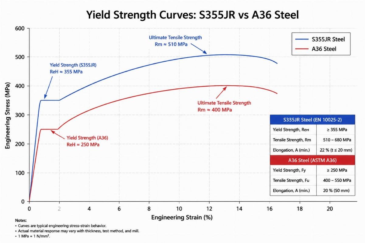 Technical diagram showing yield strength curves for S355JR versus A36 steel