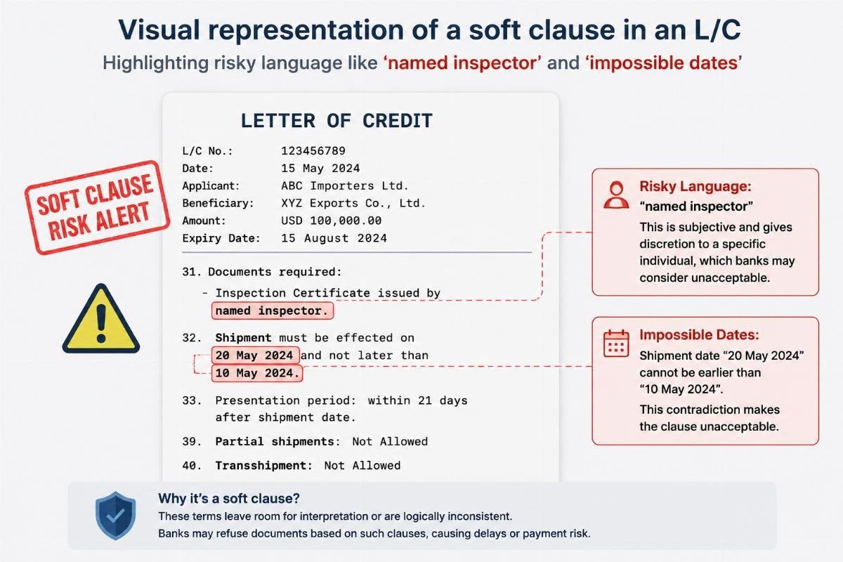 Visual representation of a soft clause in an L/C document highlighting risky language like 'named inspector' and 'impossible dates'