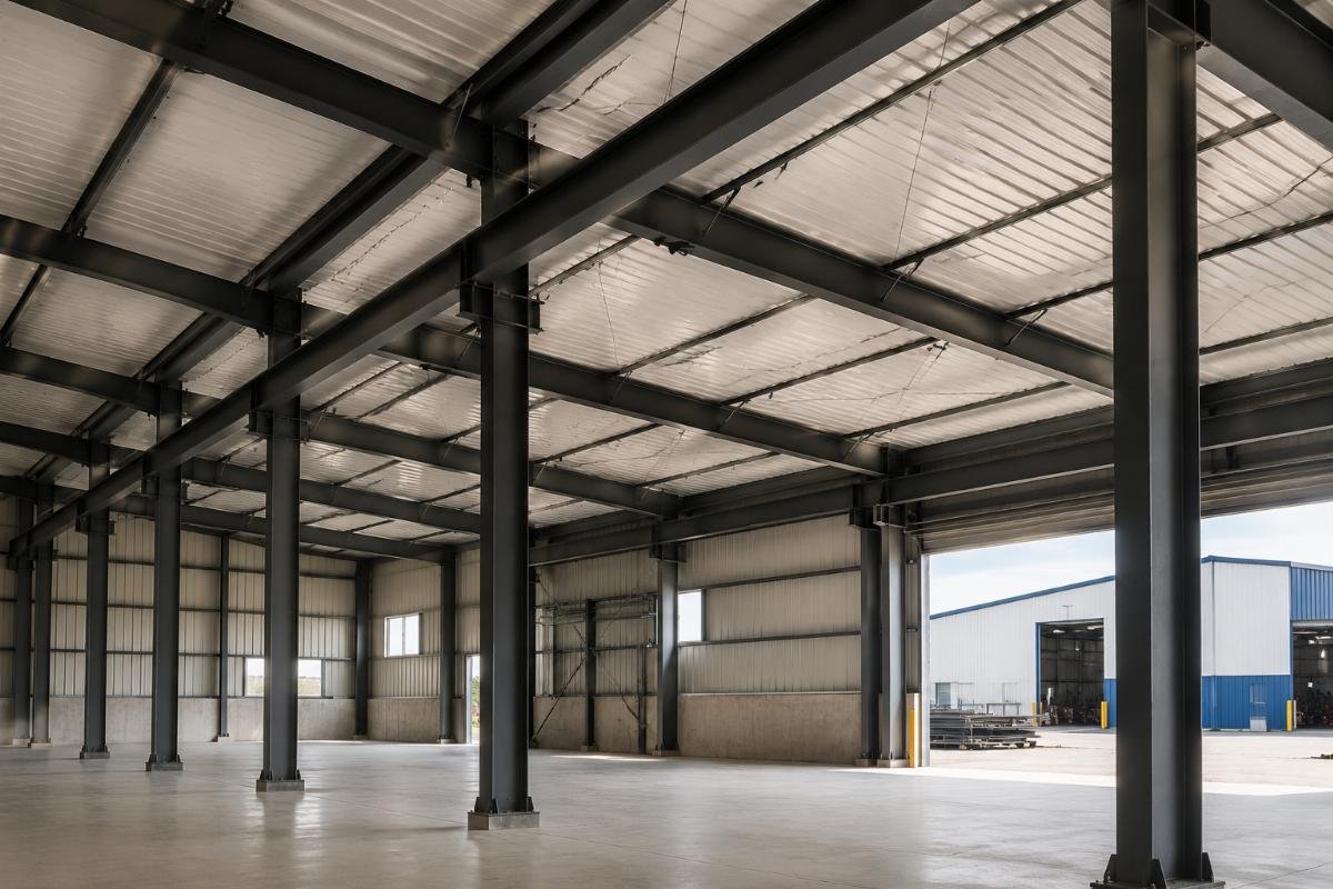 Warehouse interior showing custom-cut steel beams installed with minimal on-site modification