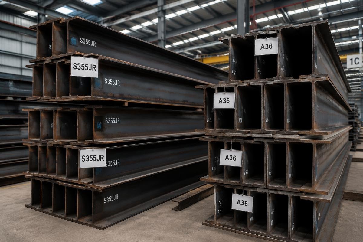 Warehouse view of stacked structural steel beams labeled with S355JR and A36 grades