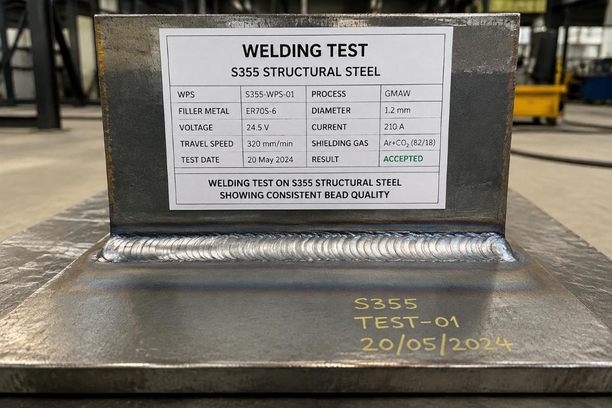 Welding test on S355 structural steel showing consistent bead quality